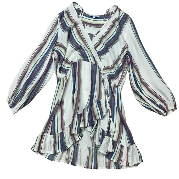 Blue Island White Multi Stripe Wrap Dress Women’s Medium Boho Tassel Tie Lightwe - Picture 12 of 13